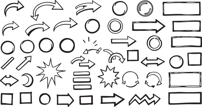 Hand drawn arrows and shapes in simple black line art on white background for infographic design