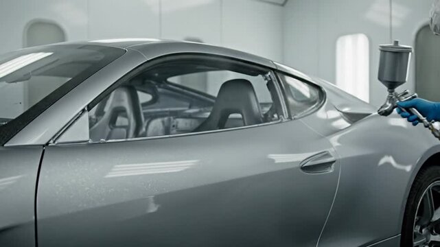 Professional painter in a protective suit spray painting a car