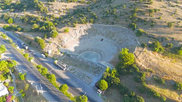Bodrum, Turkey. Drone view of historic Halicarnassus Theatre stone structure. Ancient Greek performance venue with auditorium and stage area preserved.. Aerial View, MasterShots, Rocket