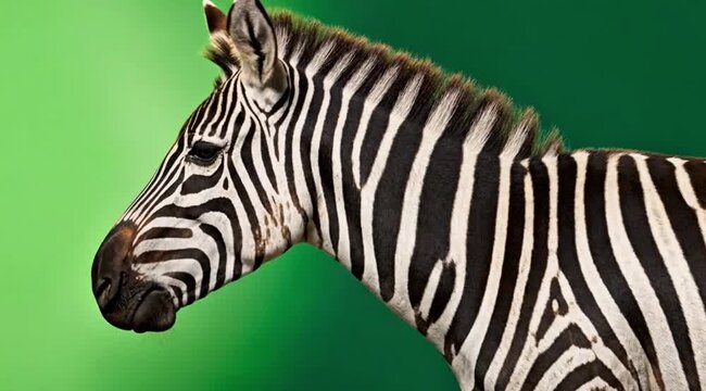 profile portrait of a zebra head with distinct black and white stripes isolated on a solid green background