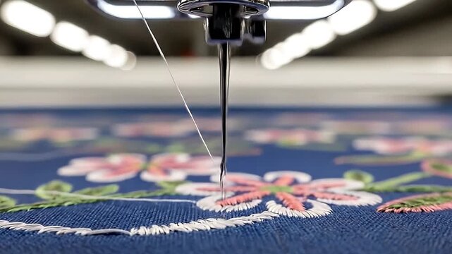 A captivating close-up shot reveals an industrial embroidery machine meticulously stitching a delicate floral pattern onto vibrant blue fabric. The sharp needle rapidly moves up and down, drawing whit