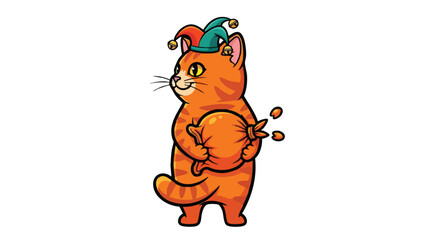 Orange tabby cat wearing a jester hat holding a bag.