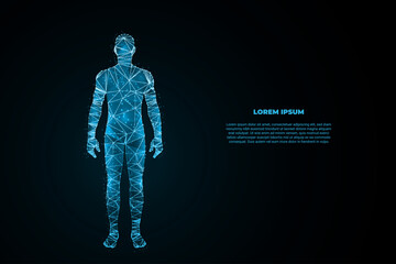 A futuristic digital illustration of a human male figure rendered in glowing blue wireframe polygons © shanto82s