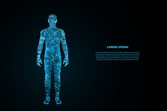 A futuristic digital illustration of a human male figure rendered in glowing blue wireframe polygons