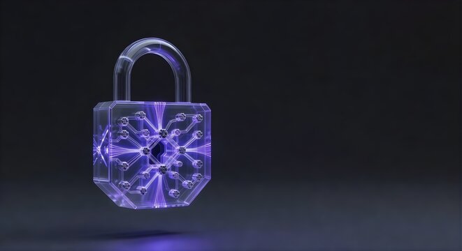 Futuristic transparent glass padlock with glowing purple digital circuit board for advanced cybersecurity concept