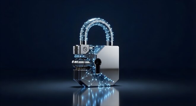 Futuristic metallic padlock with glowing blue digital data circuits on a dark background for cybersecurity concept