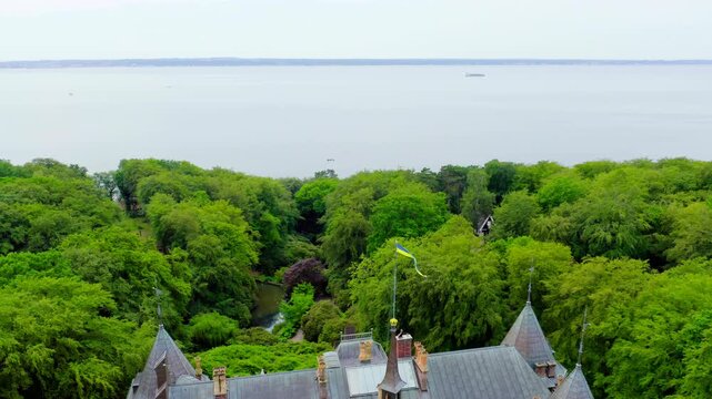 Sweden. Castle on the banks of the Oresund Strait. Sofieru. Drone footage, Departure of the camera