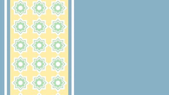 Yellow Islamic Star Border with Blue Copy Space. 4K seamless loop featuring a vertical scrolling geometric pattern border on yellow background with a clean blue text area for ramadan.