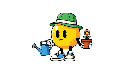 Fototapeta premium Sad Smiley Face Gardener Watering a Small Flower Pot.