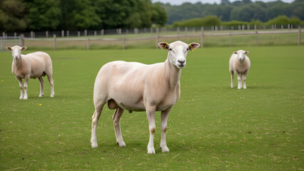 Fototapeta premium Three recently shorn sheep standing in a lush green grassy field behind a wooden fence