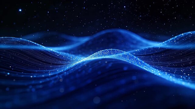 Abstract blue wave light particles with lines on dark background
