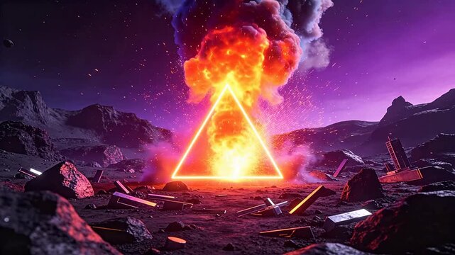 Sci-fi glowing triangle in rocky mountain landscape with asteroid shower