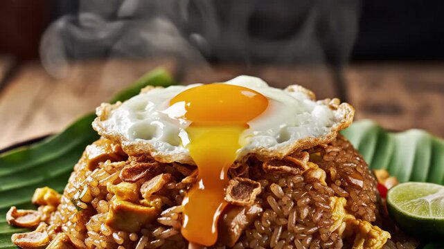 Chef placing fried egg on Nasi Goreng fried rice with runny yolk 4K Video