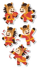 Naklejka premium Collection of cute zodiac horse characters in festive red and gold outfits. Cartoon illustration for Lunar New Year celebration and Chinese zodiac theme