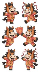 Fototapeta premium Adorable zodiac horse character in multiple poses and facial expressions. Perfect for Lunar New Year greeting cards, stickers, and festive designs