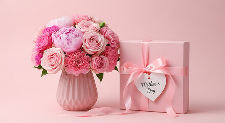 A beautiful bouquet of pink roses in a vase with a gift box and a heart-shaped tag.