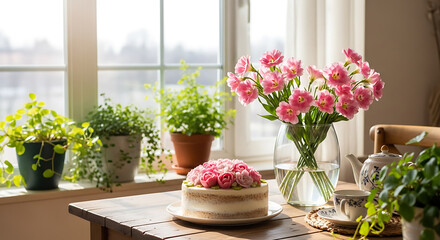 A cozy room filled with potted plants and a vase of pink flowers on a table