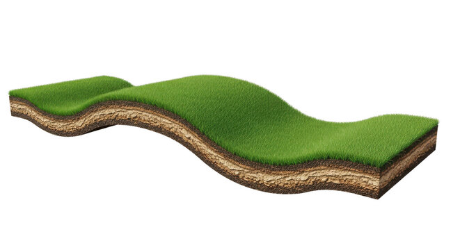 Layered green grass turf cutaway with soil strata and curved landscape cross section, isolated on transparent background, showing natural ground profile texture for ecology concept