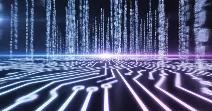 Futuristic digital landscape with binary code flowing towards a bright horizon in a tech-themed environment