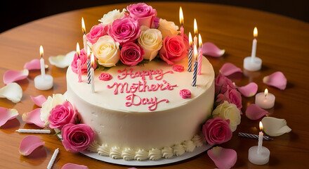 Celebrating mother's day with a beautifully decorated cake and roses