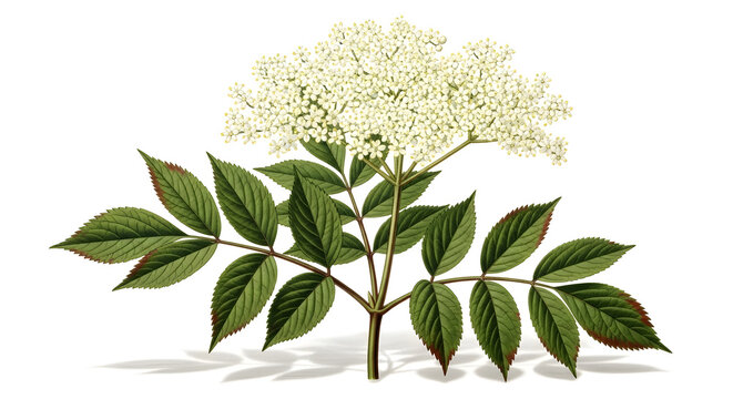 Detailed vintage botanical print of a blooming elderberry shrub with serrated leaves