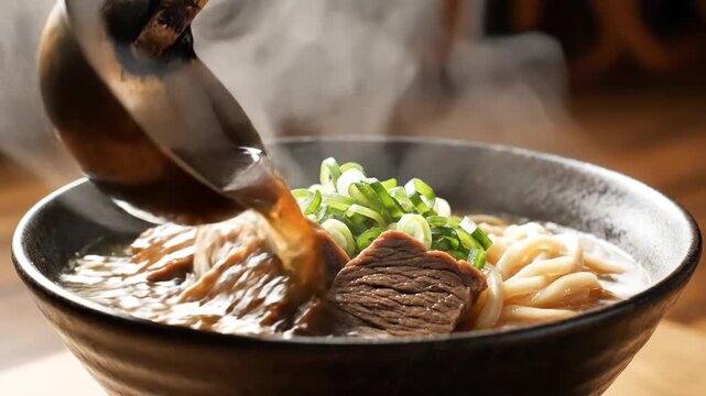 Chef pouring hot beef ramen broth over noodles and meat 4k Video