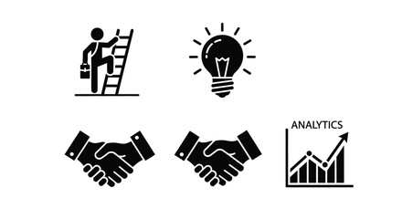 Fototapeta premium Startup Corporate Silhouette Icon Set Representing Leadership, Growth, Innovation, Teamwork and Success in Business Environment
