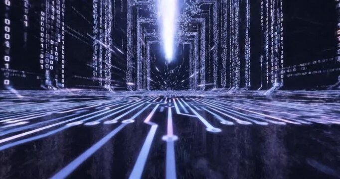 Futuristic digital tunnel with glowing circuitry and binary code, illustrating technology advancement
