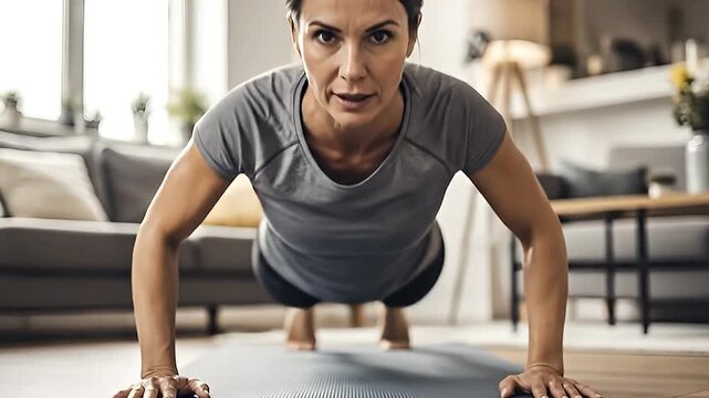 A focused woman performs dynamic push-ups on a yoga mat within a bright, modern home interior. Her expression conveys intense concentration and physical effort as she engages in a strength-training wo