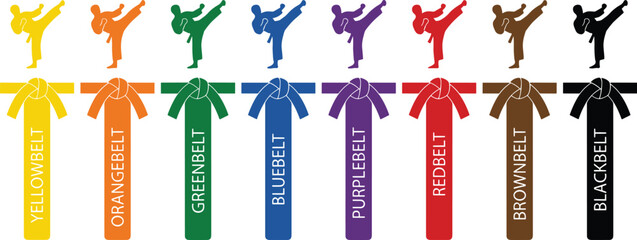 Martial arts belt ranking system vector illustration, taekwondo karate colored belts progression chart with kicking silhouettes isolated on white background © ab