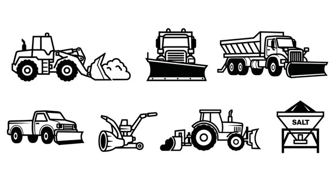 Winter Snow Removal Equipment Icons - Trucks, Plows, Snowblower, Salt Spreader