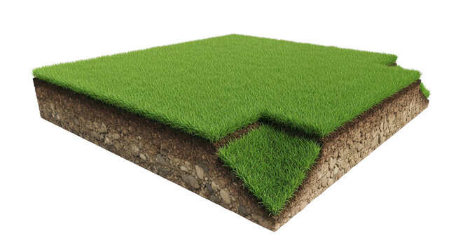 Cutaway section of green grass turf with soil and gravel layers, sharp corner slice showing landscaping ground profile isolated on transparent background with natural texture detail