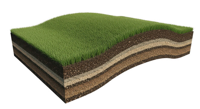 Cutaway 3D render of layered soil cross section with green grass turf, dark humus, sand and gravel strata, and curved terrain slice isolated on transparent background