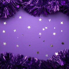 A purple background with star-shaped confetti and tinsel