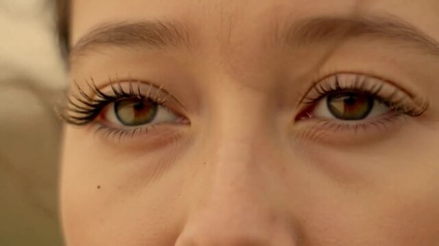 Dust coats eyelashes after windy walk, close portrait. video