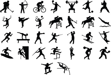 Sports silhouettes collection vector set, athletes performing diverse activities isolated on white background, dynamic fitness and recreation icon illustration pack