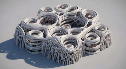 A futuristic 3D abstract structure featuring parametric design with fluid, organic curves and complex layered surfaces.