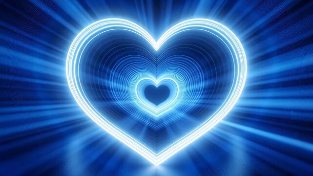 Blue glowing heart shape with concentric lines and radiant background