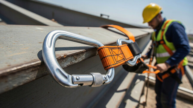 Silver carabiner with orange webbing strap on concrete construction surface