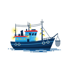 Obraz premium Fishing boat with lights and fishing net at sea.