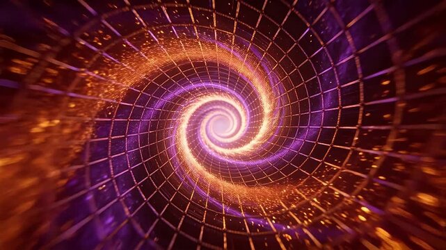 Golden and purple spiral time tunnel with light vortex in space