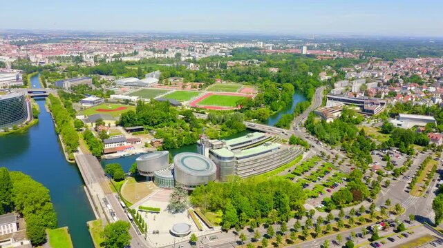 Strasbourg, France. The complex of buildings is the European Parliament, the European Court of Human Rights. Drone footage