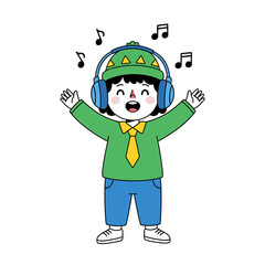 A cheerful cartoon child with headphones joyfully sings along to music, expressing happiness and a passion for sound with arms raised in celebration.