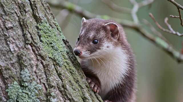 A brown and white weasel clings to a tree trunk covered in green moss looking towards the right of the frame