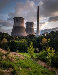 A serene landscape of industrial cooling towers amidst nature