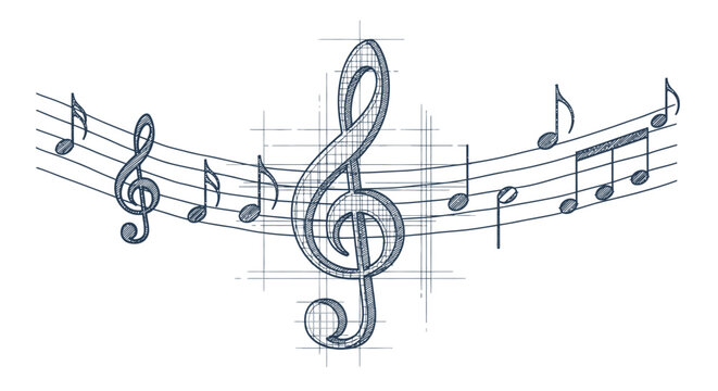 An elegant hand-drawn musical staff with a prominent treble clef and various notes gracefully arranged, symbolizing harmony and artistic expression.