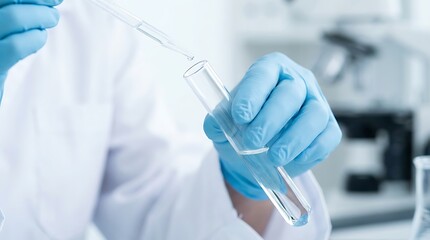 Scientist holding test tube with dropper in laboratory research setting
