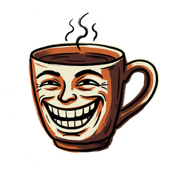 Steaming coffee mug with a happy cartoon face. Joyful beverage with cheerful expression. Fun illustration for cafe menu design, hand-drawn, transparent background