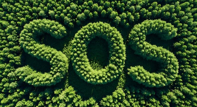 Green trees forming the letters eco in a field from above desig
