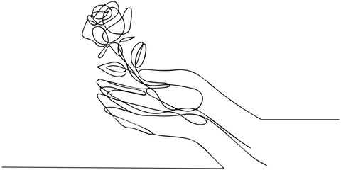 Fototapeta premium Continuous one line drawing of a hand holding a rose, a symbolic romantic gesture. Line art style vector illustration.